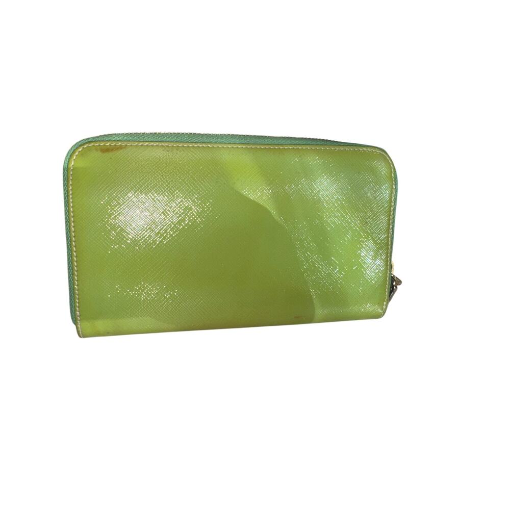 PRADA Saffiano Patent Leather Zip-Around Wallet in Apple / Mint Green - Picture 2 of 11